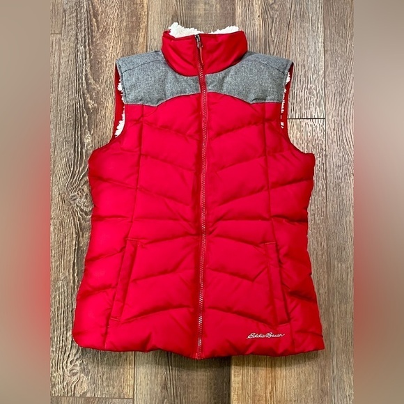 EDDIE BAUER Puffer Vest Goose Down Sherpa Gray Red Quilted Zip Jacket Womens XS - Picture 1 of 13